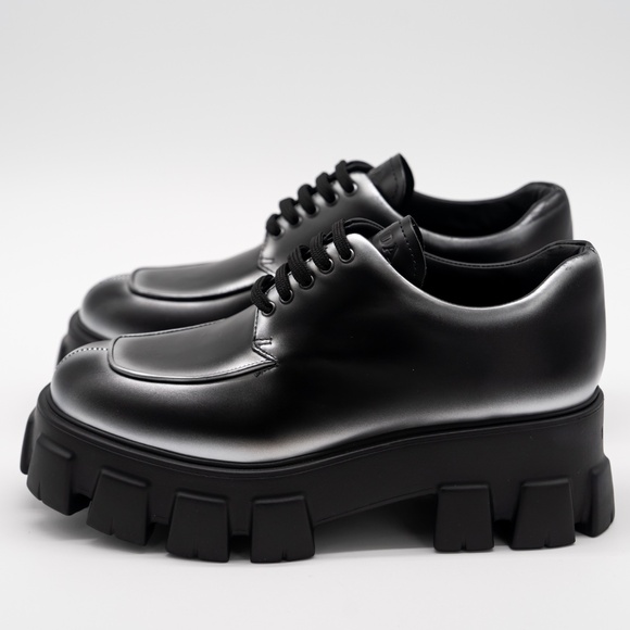 size 39.5eu 9.5 US Prada Monolith Brushed Leather Lace-up Shoes Black Silver - Picture 4 of 13